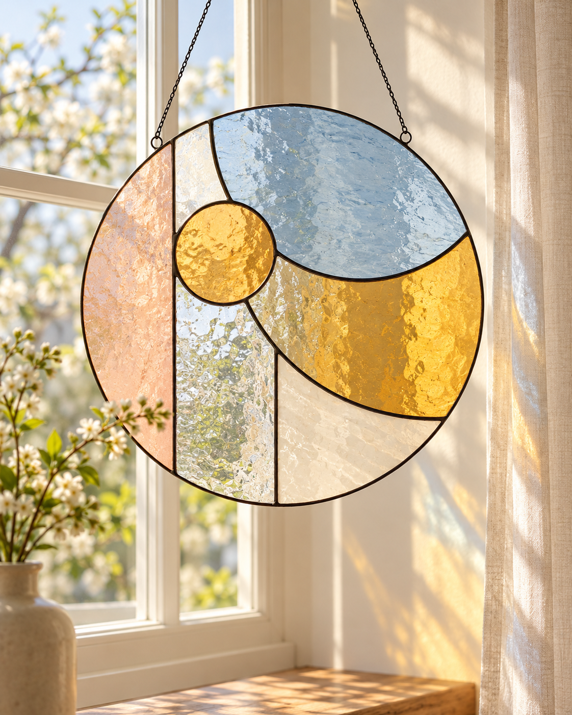 Visuel généré : vitrail rond en verre bleu, ambre et rose, suspendu devant une fenêtre