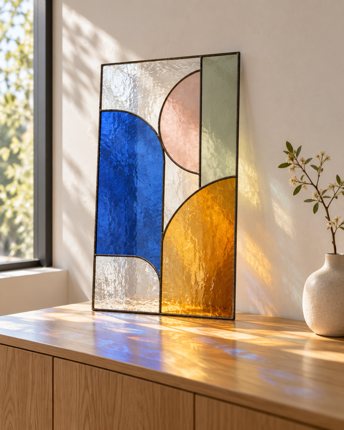 Visuel généré : panneau de verre géométrique bleu, ambre et sauge posé sur un meuble en bois