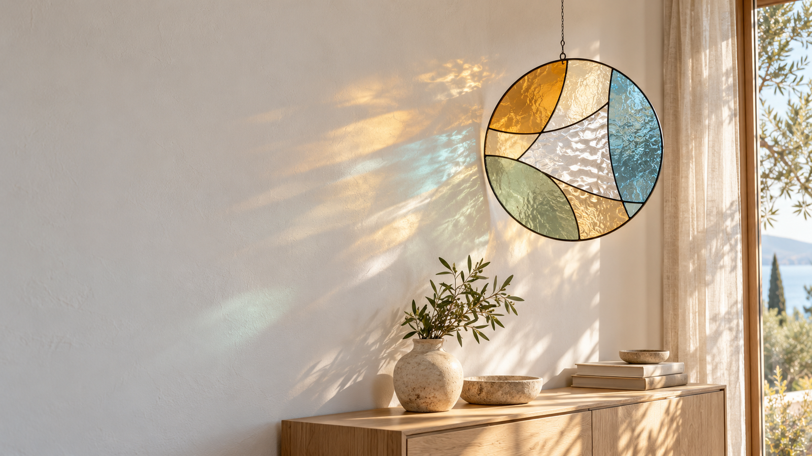 Visuel d’inspiration : vitrail rond géométrique dans un intérieur lumineux